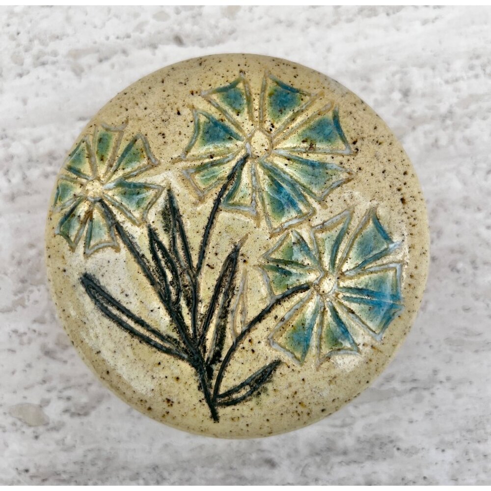 Signed Handcrafted Ceramic Trinket Box Floral Design Speckled Clay